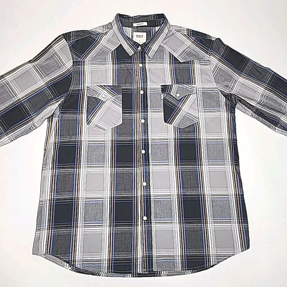 Levi's Shirt Western Cotton Pearl Snap Blue Gray Plaid Men Sz XL Standard Fit